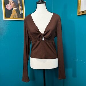 NWOT Blue Rain francesca’s Chocolate Brown LS Everly Twist Front Ribbed Top XL